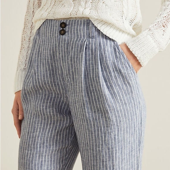 Garnet Hill NEW Straight-Leg Linen Pleated Trousers in Indigo Sky Mini Stripe 6 - Picture 13 of 13